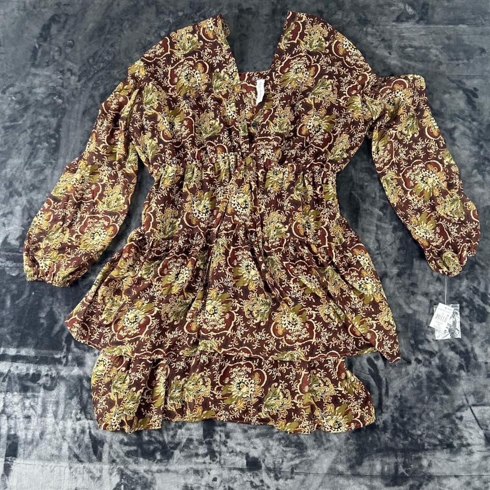 Grace + Karma Chiffon Dress Womens XL Burgundy Floral Paisley Tiered Boho LS NEW